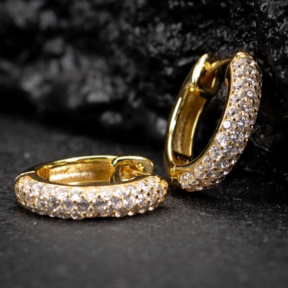 Honey Comb Set 3d  Yellow Gold Plated 925 Sterling Silver Huggie Hoop Earrings - Picture 1 of 5